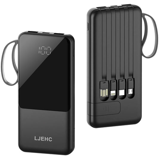 10000mAh Fast Charging Power Bank with LED Display, Dual USB & Type-C Built-in Cables