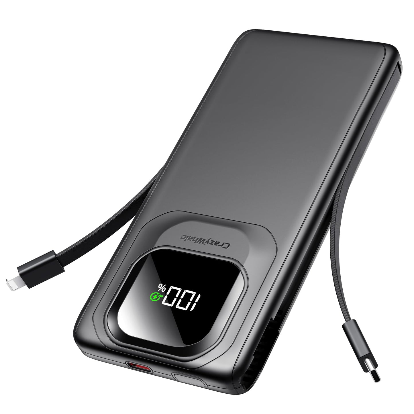 10000mAh Fast Charging Power Bank with LED Display, Dual USB & Type-C Built-in Cables